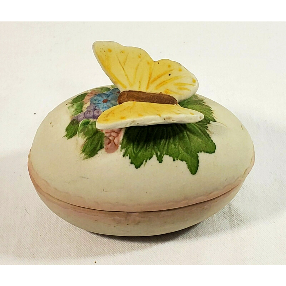 Vintage Ceramic Egg W/ Butterfly Trinket Jewelry Box